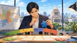 選挙連携に政策の一貫性があるか確認する成人男性市民のアニメ風イラスト