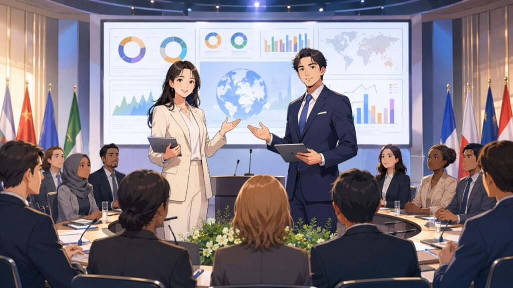 性別ではなく実績と能力で評価される政治を示す成人男女のアニメ風イラスト