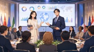 性別ではなく実績と能力で評価される政治を示す成人男女のアニメ風イラスト
