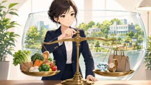 食品とぜいたく品の公平な税負担を考える成人女性経済学者のアニメ風イラスト