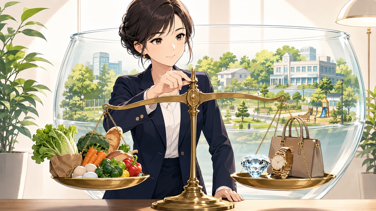 食品とぜいたく品の公平な税負担を考える成人女性経済学者のアニメ風イラスト