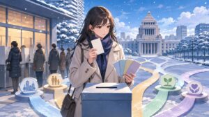 冬の総選挙で候補者と政策を比較する成人女性有権者のアニメ風イラスト