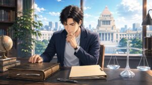 新しい党名の前に過去の政治行動を検証する成人男性有権者のアニメ風イラスト