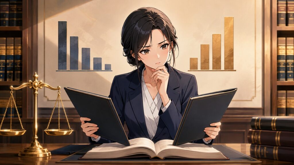 重大事件ごとの量刑の違いと司法の公平を考える成人女性法律家のアニメ風イラスト