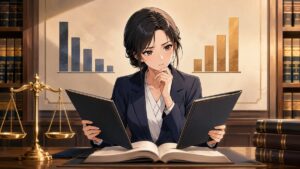 重大事件ごとの量刑の違いと司法の公平を考える成人女性法律家のアニメ風イラスト
