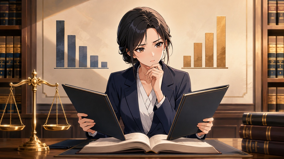 重大事件ごとの量刑の違いと司法の公平を考える成人女性法律家のアニメ風イラスト