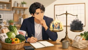財源の曖昧な減税公約を家計目線で検討する成人男性のアニメ風イラスト
