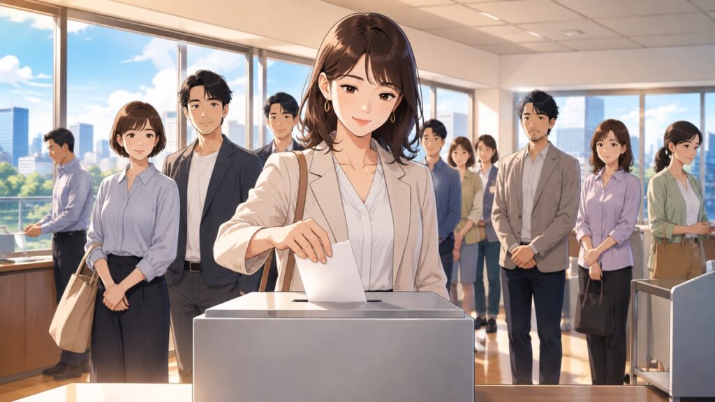 自分の未来を守るため一票を投じる成人女性有権者のアニメ風イラスト