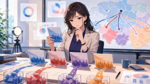複数の選挙シナリオと有権者動向を分析する成人女性のアニメ風イラスト