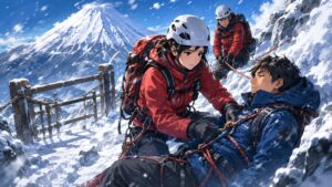冬の富士山で遭難者を救助する成人女性山岳救助隊員のアニメ風イラスト