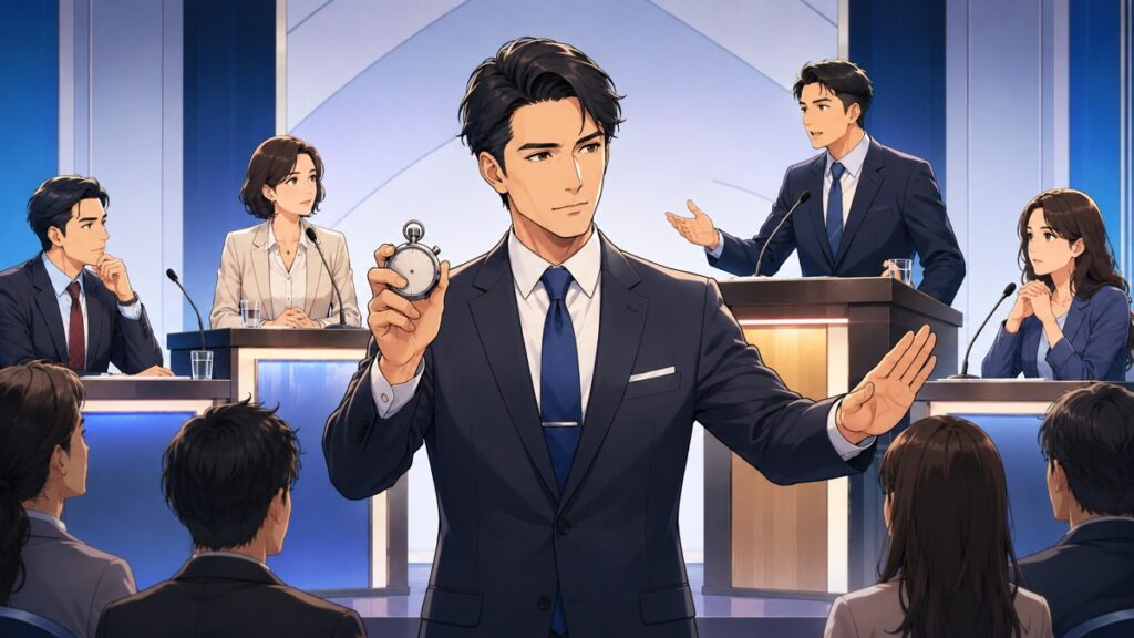 討論の時間とルールを公平に守る成人男性司会者のアニメ風イラスト