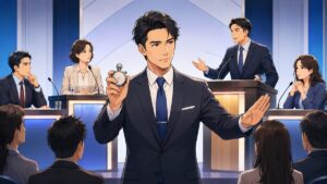 討論の時間とルールを公平に守る成人男性司会者のアニメ風イラスト