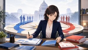政党の路線再編と再生を分析する成人女性政治アナリストのアニメ風イラスト