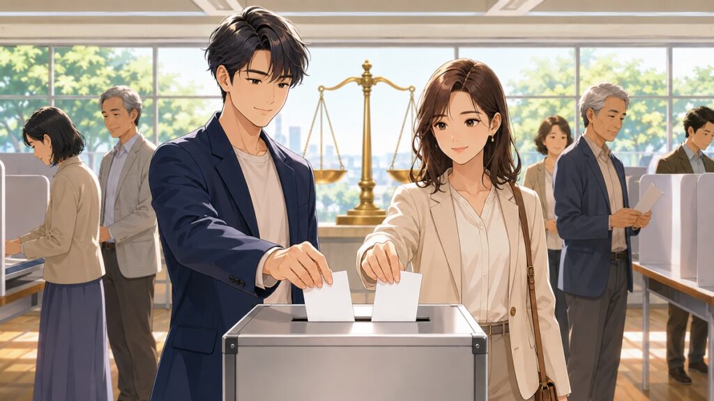 世代間の投票率と政治の公平を考えて投票する成人男女のアニメ風イラスト