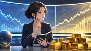 ドル安と金価格上昇を慎重に分析する成人女性金融アナリストのアニメ風イラスト