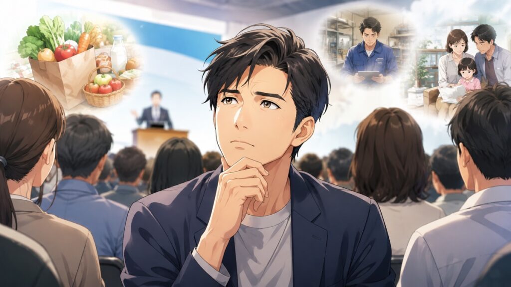 政治の言葉が暮らしと信頼に届くか考える成人男性有権者のアニメ風イラスト