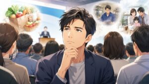 政治の言葉が暮らしと信頼に届くか考える成人男性有権者のアニメ風イラスト
