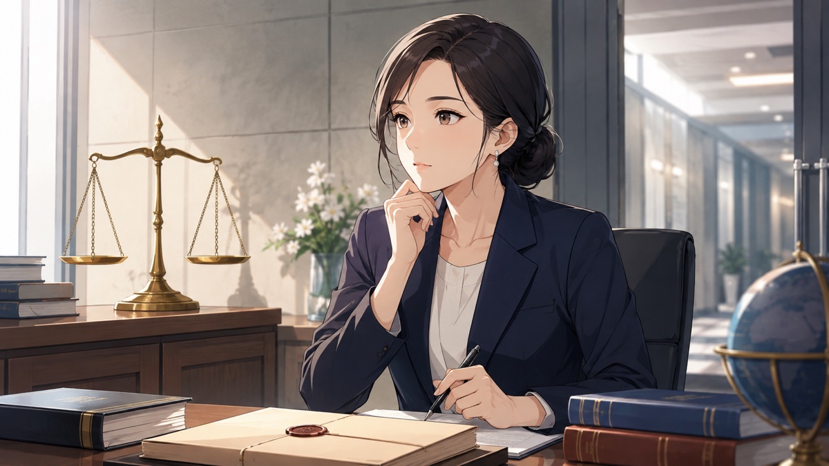 死刑執行手続きと法治国家の整合性を考える成人女性法律家のアニメ風イラスト