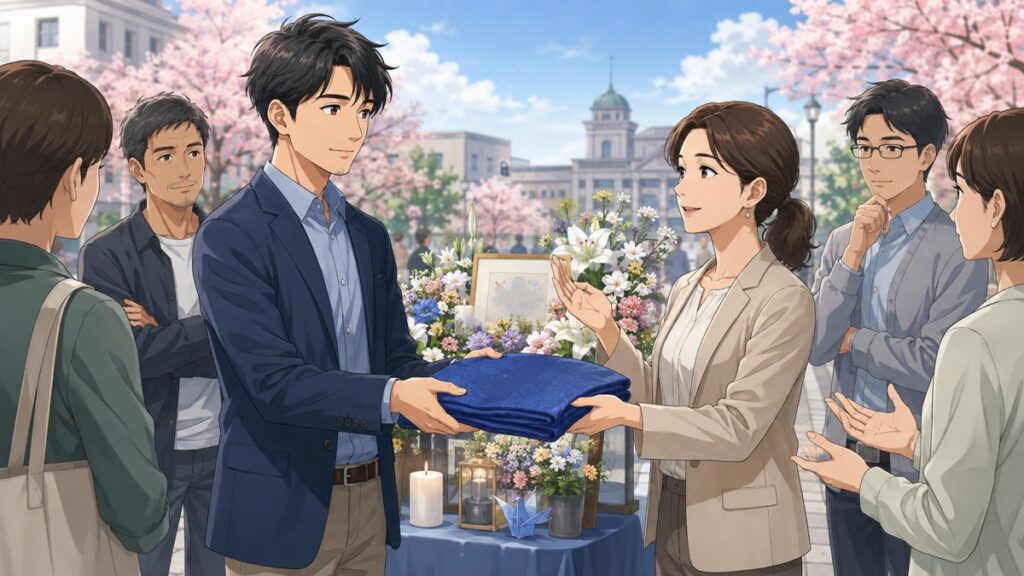 他者が大切にする象徴への敬意を守る成人男女のアニメ風イラスト