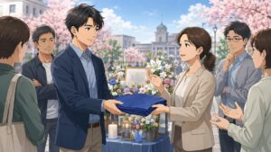 他者が大切にする象徴への敬意を守る成人男女のアニメ風イラスト