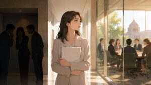 政治の透明な説明責任を求める成人女性観察者のアニメ風イラスト