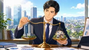 法人税と社会保険料の公平な配分を考える成人男性税制専門家のアニメ風イラスト