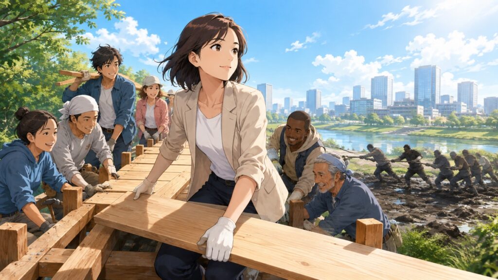 建設的な政治を進める成人女性候補者のアニメ風イラスト