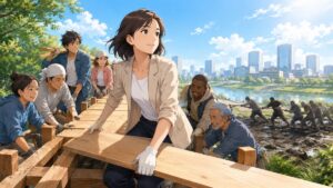 建設的な政治を進める成人女性候補者のアニメ風イラスト