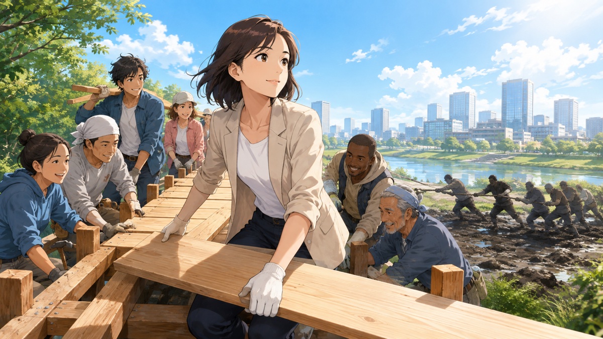 建設的な政治を進める成人女性候補者のアニメ風イラスト