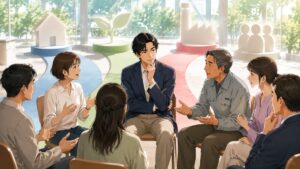 中道政策の価値を比較する成人男性有権者のアニメ風イラスト