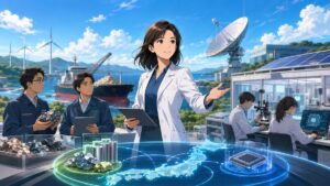 資源・安全保障・先端技術を結ぶ成人女性科学者のアニメ風イラスト