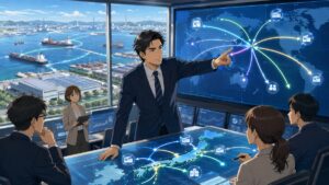供給網の脱中国と多角化を進める成人男性管理者のアニメ風イラスト