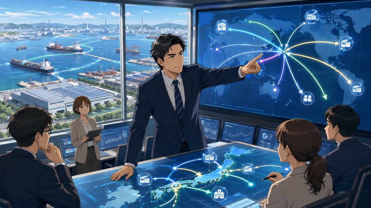 供給網の脱中国と多角化を進める成人男性管理者のアニメ風イラスト