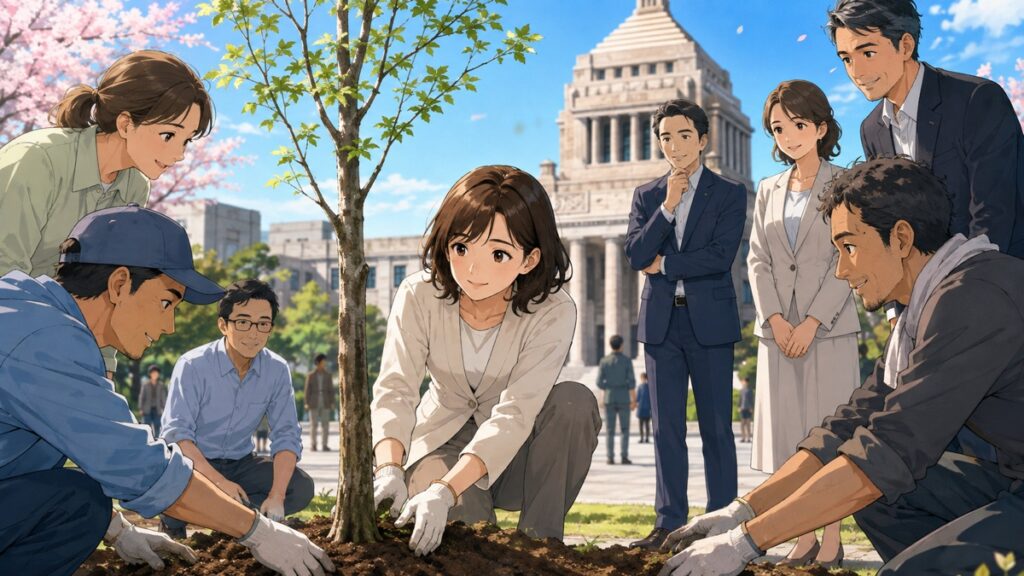有権者が強い野党を育てる姿を描いた成人女性市民のアニメ風イラスト