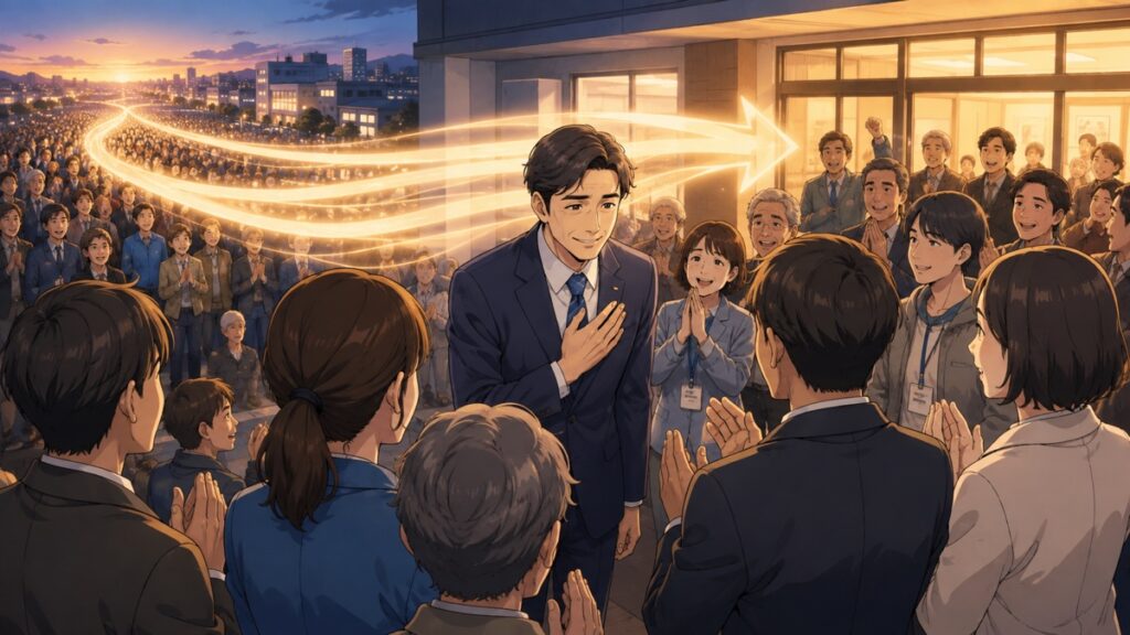 選挙勝利を支援者と分かち合う成人男性候補者のアニメ風イラスト