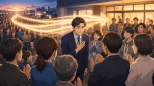 選挙勝利を支援者と分かち合う成人男性候補者のアニメ風イラスト
