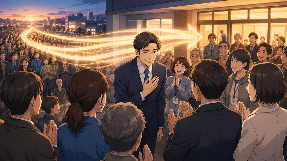 選挙勝利を支援者と分かち合う成人男性候補者のアニメ風イラスト