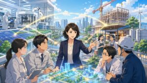 官民投資で有望産業を育てる成人女性経済学者のアニメ風イラスト