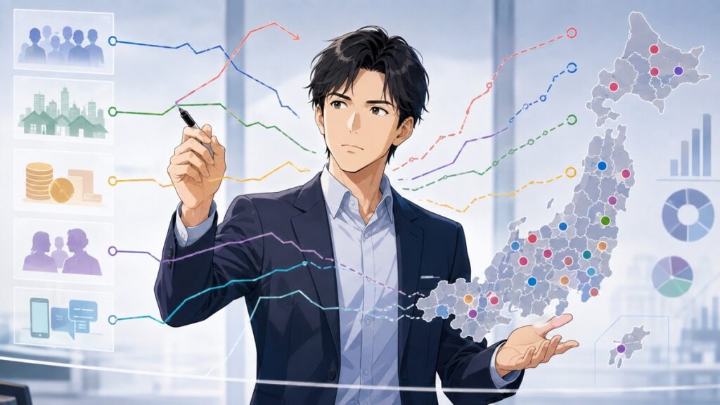 選挙の複数要因を分析する成人男性選挙分析官のアニメ風イラスト