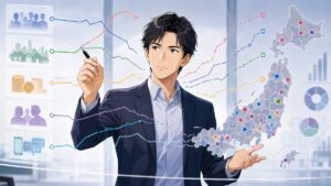 選挙の複数要因を分析する成人男性選挙分析官のアニメ風イラスト