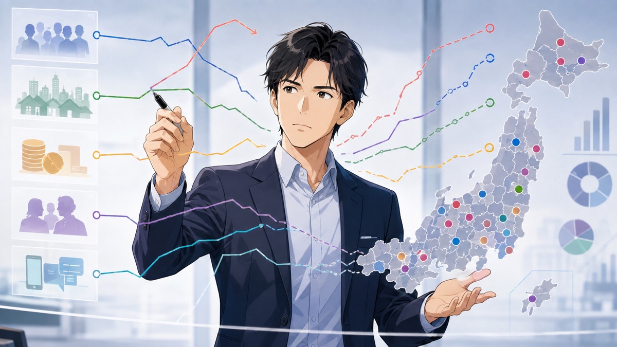 選挙の複数要因を分析する成人男性選挙分析官のアニメ風イラスト