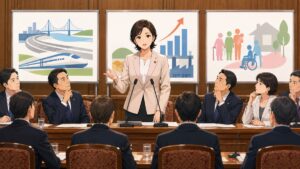 国益に直結する政策を議論する成人女性国会議員のアニメ風イラスト
