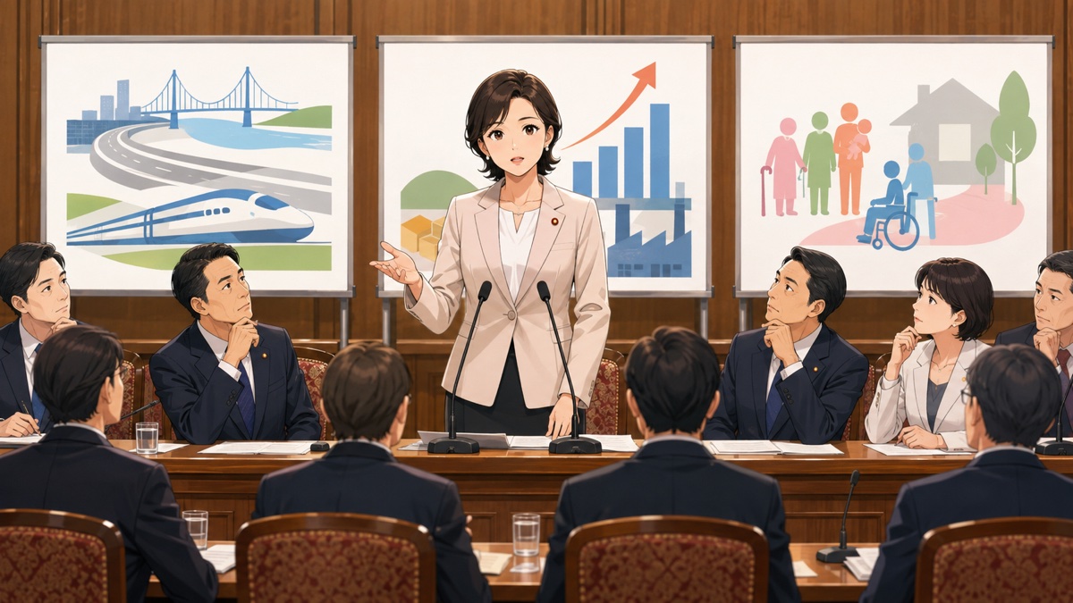 国益に直結する政策を議論する成人女性国会議員のアニメ風イラスト