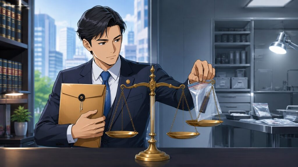 依頼人の秘密と証拠を区別する成人男性弁護士のアニメ風イラスト