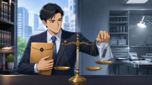 依頼人の秘密と証拠を区別する成人男性弁護士のアニメ風イラスト