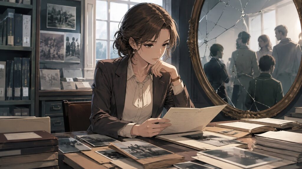 歴史責任の向き合い方を考察する成人女性歴史家のアニメ風イラスト