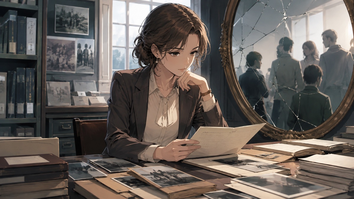 歴史責任の向き合い方を考察する成人女性歴史家のアニメ風イラスト