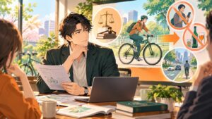 「自転車も立派な軽車両ですからね」を題材にした架空の成人人物のアニメ風イラスト