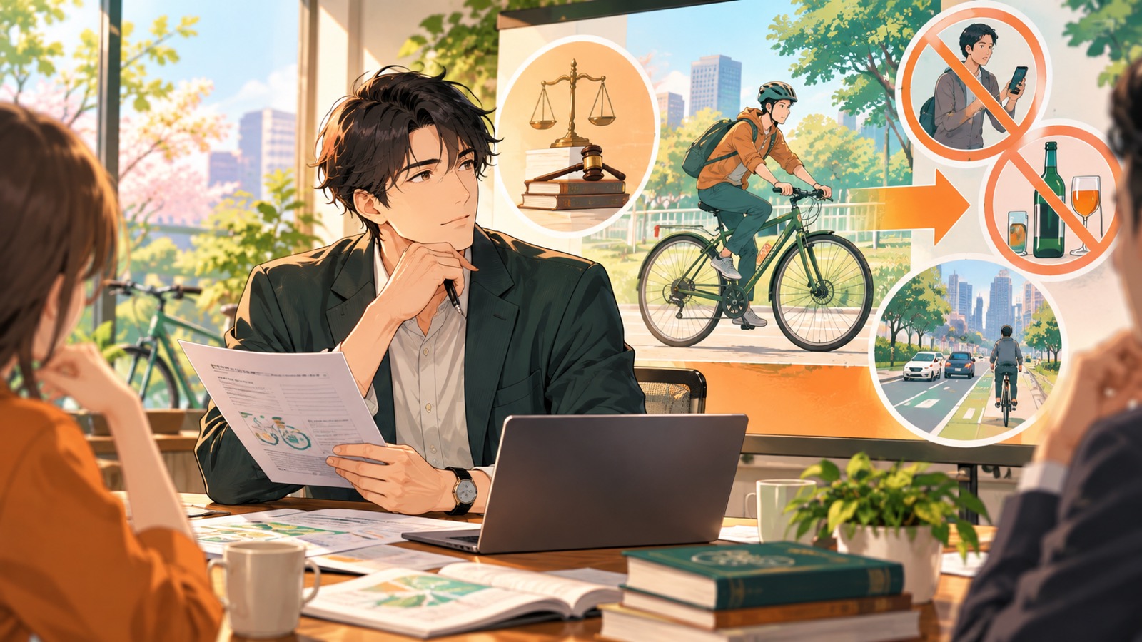 「自転車も立派な軽車両ですからね」を題材にした架空の成人人物のアニメ風イラスト
