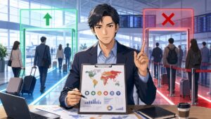渡航安全政策の明確化を求める成人男性分析官のアニメ風イラスト